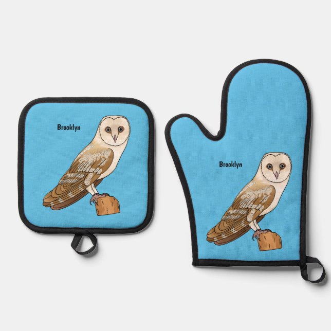 Barn owl bird cartoon illustration   oven mitt & pot holder set (Front)