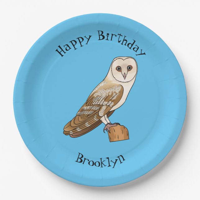 Barn owl bird cartoon illustration paper plates (Front)