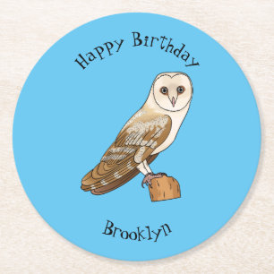 Barn owl bird cartoon illustration  round paper coaster