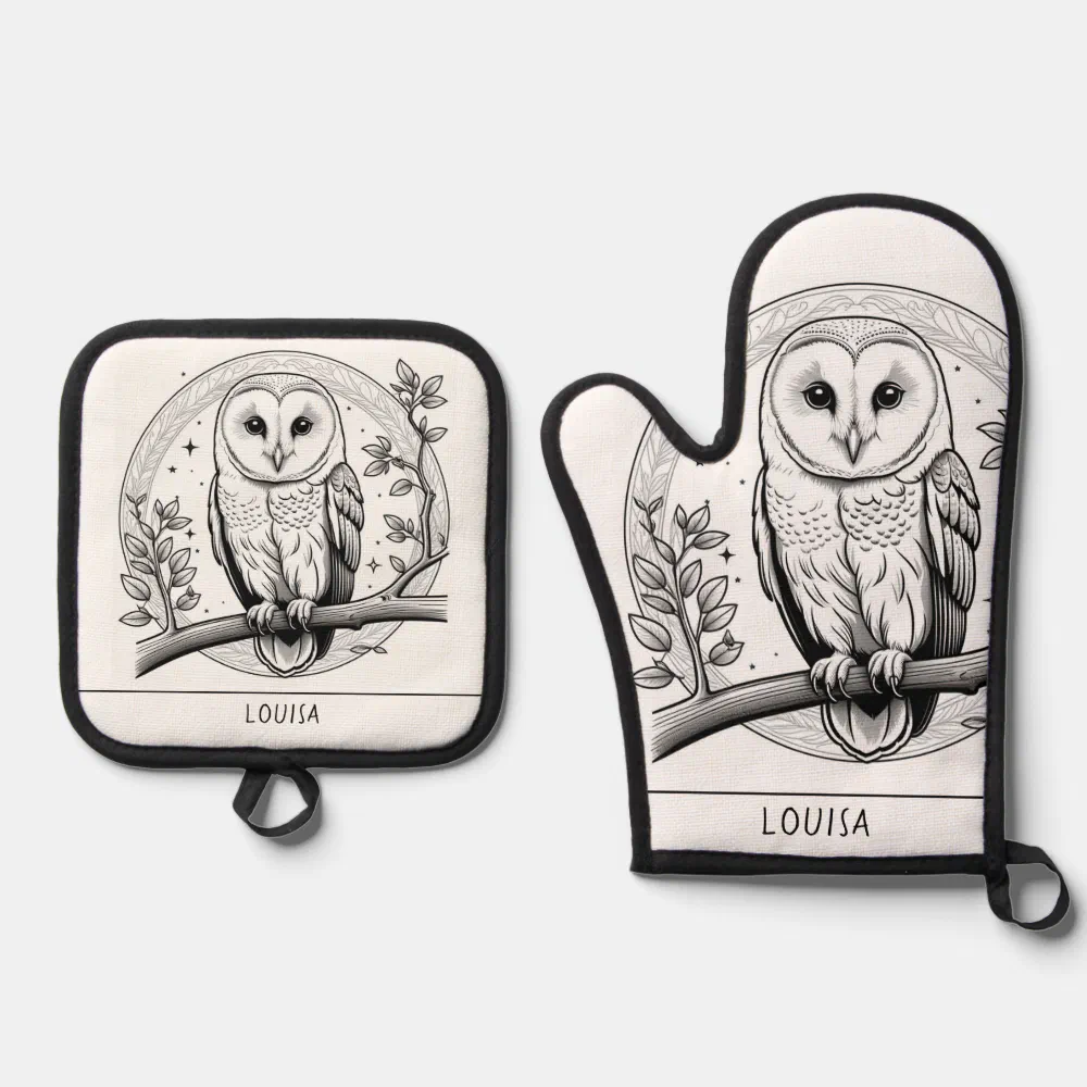 Barn Owl Bird Picture Line Art Black & White Oven Mitt & Pot Holder Set