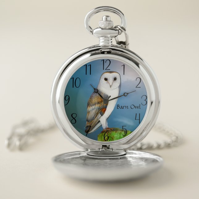 Barn Owl Bird Watercolor Painting Pocket Watch (Inside)