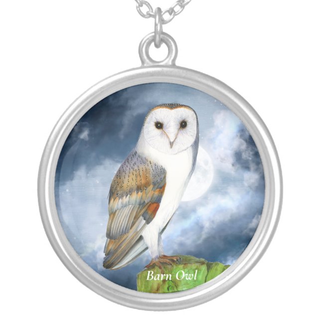 Barn Owl Bird Watercolor Painting Silver Plated Necklace (Front)