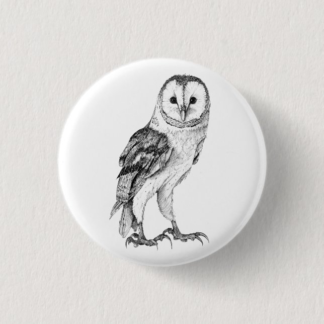 Barn Owl - Drawing In Black Pen Button (Front)