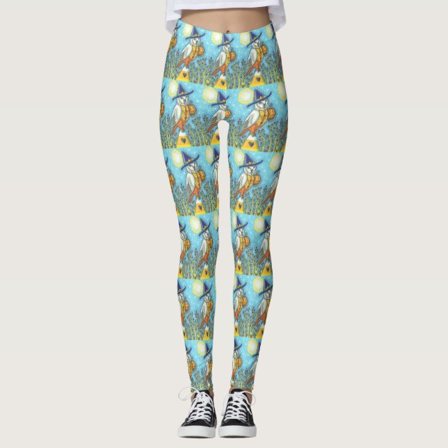 BARN OWL FOLK ART, HALLOWEEN BIRD LEGGINGS (Front)