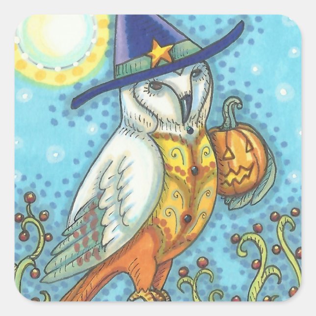 BARN OWL FOLK ART, HALLOWEEN BIRD STICKERS Square (Front)