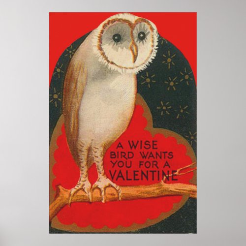 Barn Owl Heart Tree Stars Valentine Poster