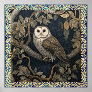 Barn Owl in a Night Forest William Morris Style Poster