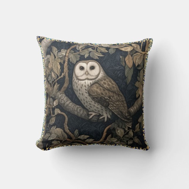 Barn Owl in a Night Forest William Morris Style Throw Pillow (Front)