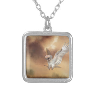 Barn Owl in Flight Digital Painting Silver Plated Necklace