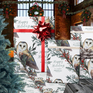 Barn Owl In The Woods Add Name Happy Holidays Wrapping Paper