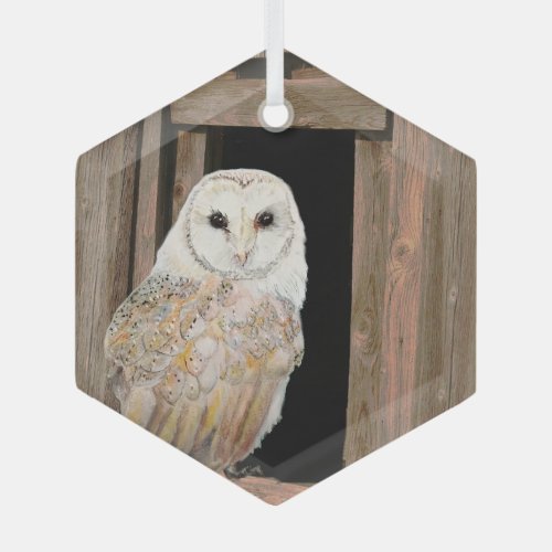 Barn Owl in Window Watercolor Art Glass Ornament