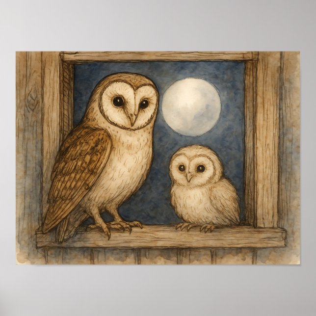 Barn Owl & Owlet Rustic Watercolor Poster (Front)