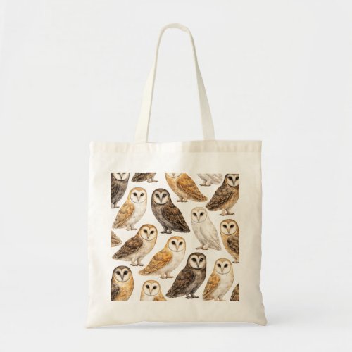 Barn Owl Pattern Watercolor Woodland Bird Tote Bag