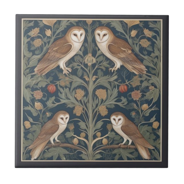 Barn Owl Pattern William Morris style Owls Ceramic Tile (Front)