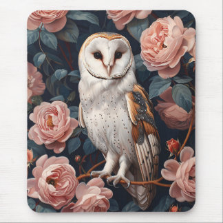 Barn Owl Perched Among Pink Roses Mouse Pad