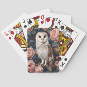 Barn Owl Perched Among Pink Roses Poker Cards
