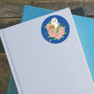 Barn Owl Pink Flowers Blue Classic Round Sticker