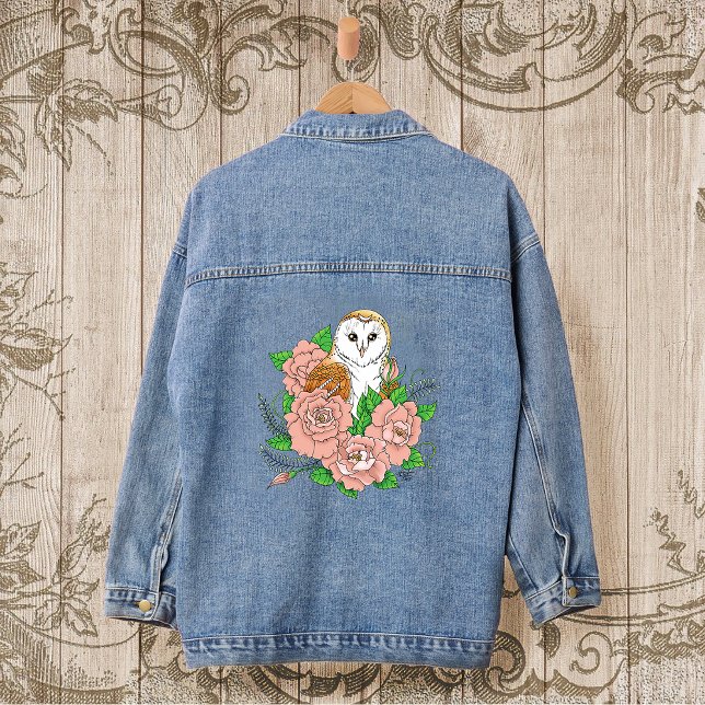 Barn Owl Pink Flowers Blue Denim Jacket (Creator Uploaded)