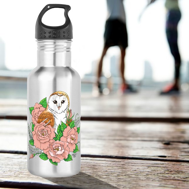 Barn Owl Pink Flowers Blue Stainless Steel Water Bottle (Creator Uploaded)