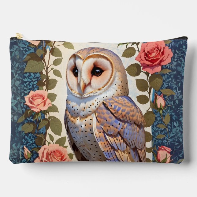 Barn Owl Pink Roses Foral Accessory Pouch (Front)