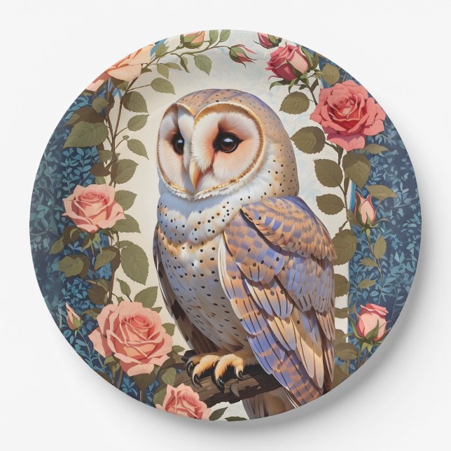 Barn Owl Pink Roses Foral Paper Plates (Front)