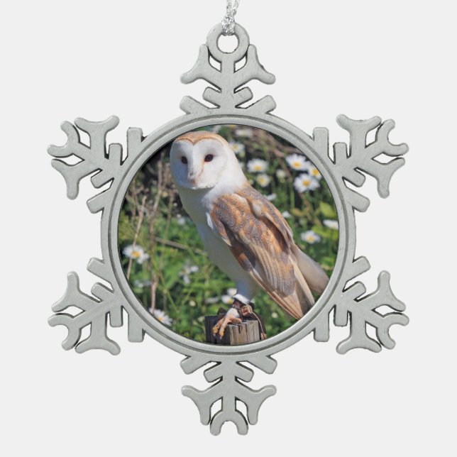 Barn Owl Snowflake Pewter Christmas Ornament (Front)