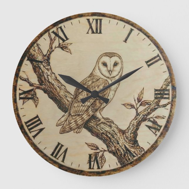 Barn Owl Wall Clock – Rustic Wood Decor (Front)