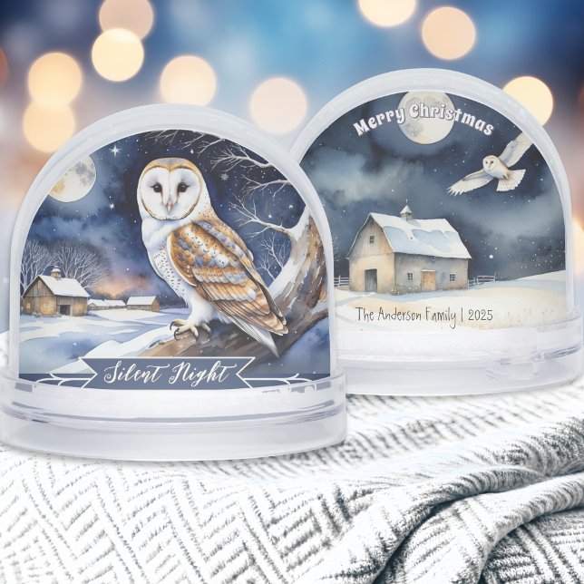 Barn Owl Watercolor Silent Night Snow Globe (A Christmas snowglobe with barn owl snow scene illustrations, personalized with a name and year)