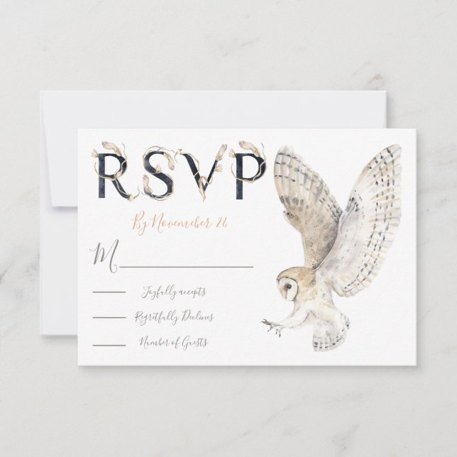 Barn owl watercolor Wedding response cards RSVP (Front)
