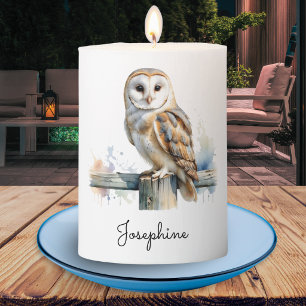 Barn Owl Watercolor Wildlife Rustic Personalized Pillar Candle