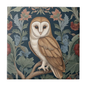 Barn Owl William Morris style Left facing Floral Ceramic Tile