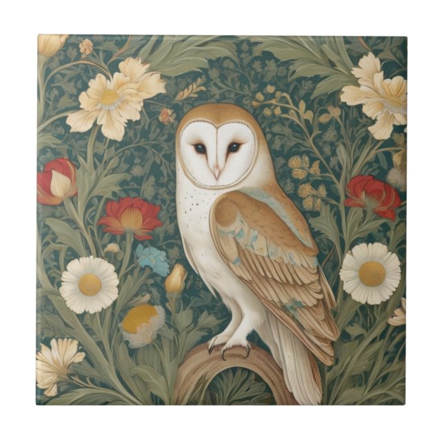 Barn Owl William Morris style Left facing Flowers Ceramic Tile (Front)