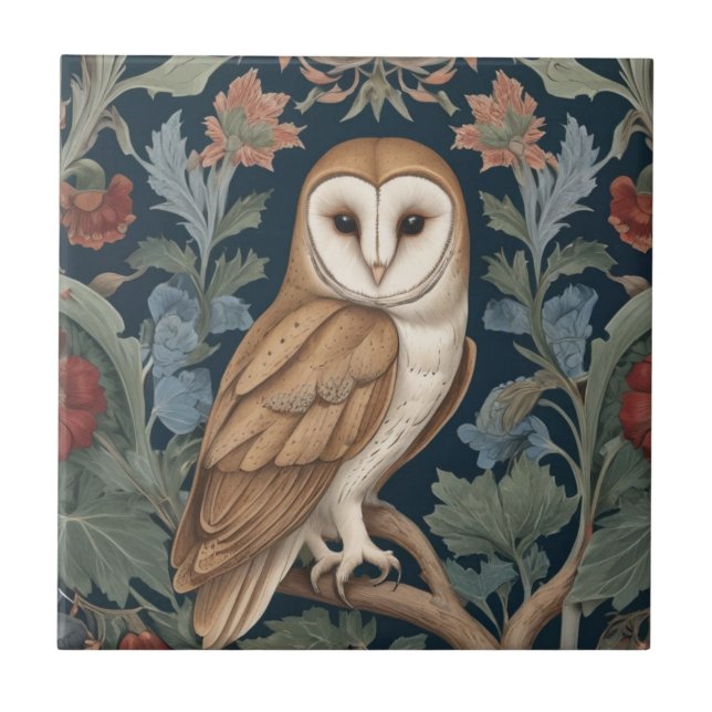 Barn Owl William Morris style Right facing Floral Ceramic Tile (Front)
