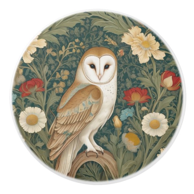 Barn Owl William Morris style Right facing Flowers Ceramic Knob (Front)