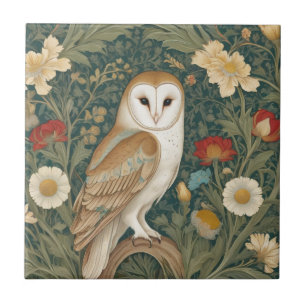 Barn Owl William Morris style Right facing Flowers Ceramic Tile