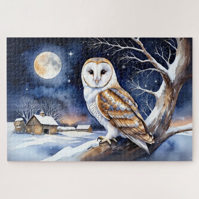 Barn Owl Winter Snow Scene Christmas Season Nature Jigsaw Puzzle (Horizontal)