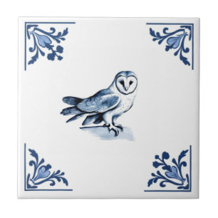 Barn Owl with Delft Blue and White Corner woodland Ceramic Tile
