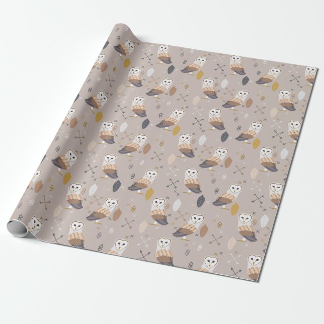 Barn Owls Arrows and Feathers Wrapping Paper (Unrolled)