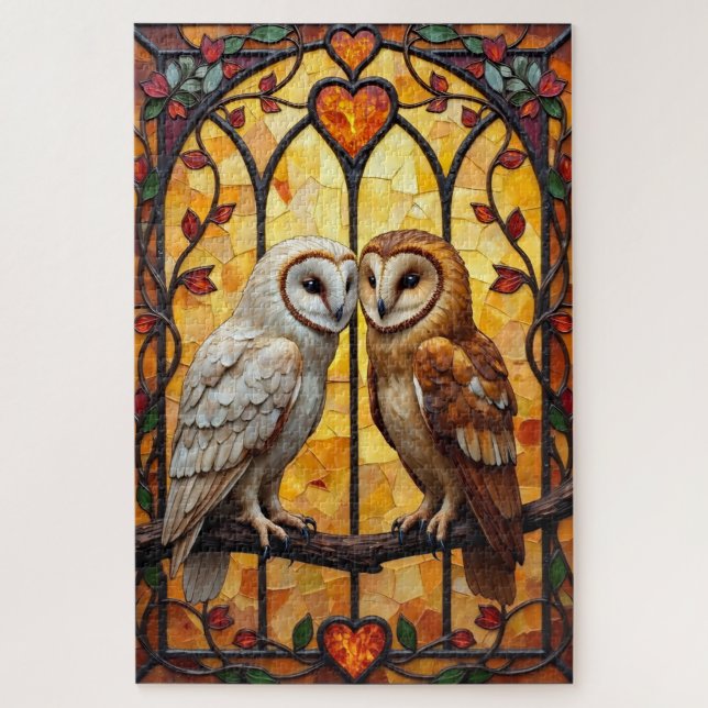 Barn Owls Heart-Faced Stained Glass Embrace Jigsaw Puzzle (Vertical)