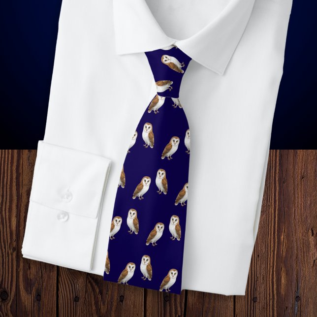 Barn Owls Navy Blue Patterned Wildlife Themed Neck Tie (A stylish tie with pattern of barn owls on a dark midnight blue background)