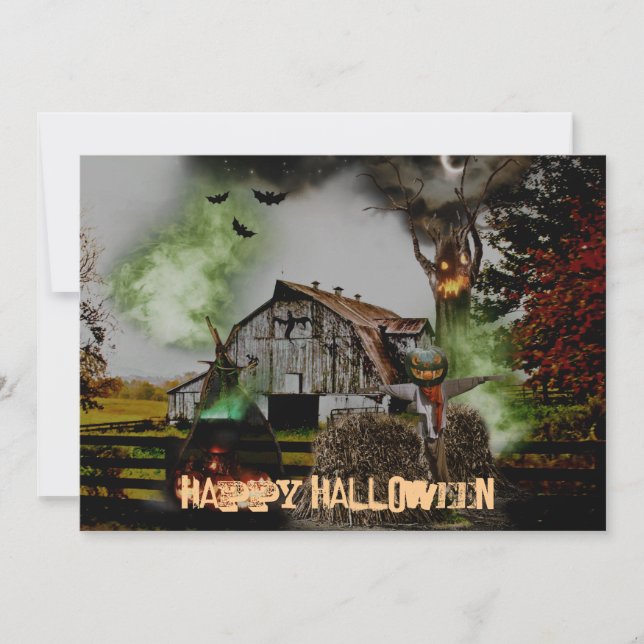 *~* Barn Pumpkins Spooky Ghost HALLOWEEN CARD (Front)