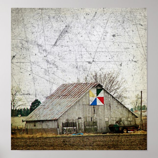 Barn Quilt in Iowa Grunge Poster (Front)