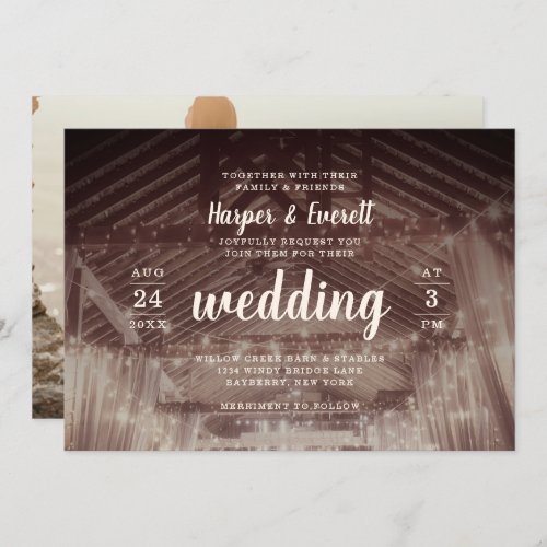 Barn Rafters with String Lights Photo Wedding Invitation