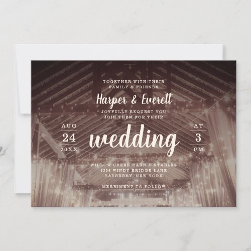 Barn Rafters with String Lights Rustic Wedding Invitation