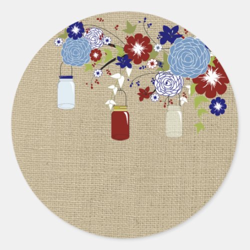 Barn Red and Blue Mason Jar Faux Burlap Sticker