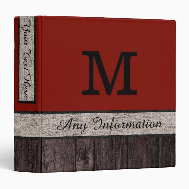 Barn red Color Rustic Look Wood Monogram Binder (Front/Spine)