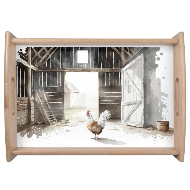 Barn Rooster In Watercolor Serving Tray (Front)