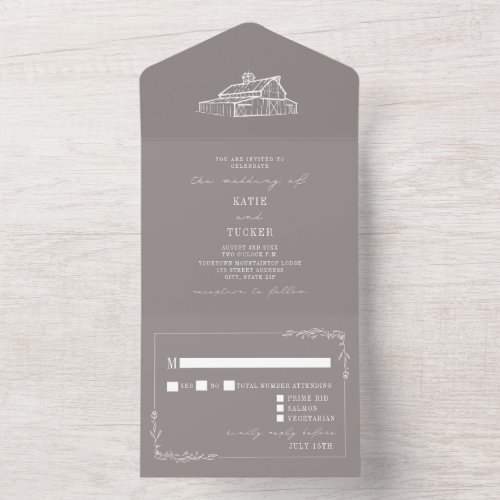 Barn Rustic Amethyst Gray Farm Wedding RSVP All In One Invitation