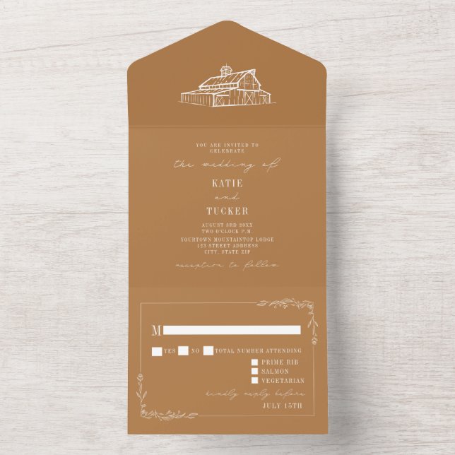 Barn Rustic Goldenrod Wedding RSVP All In One Invitation (Inside)