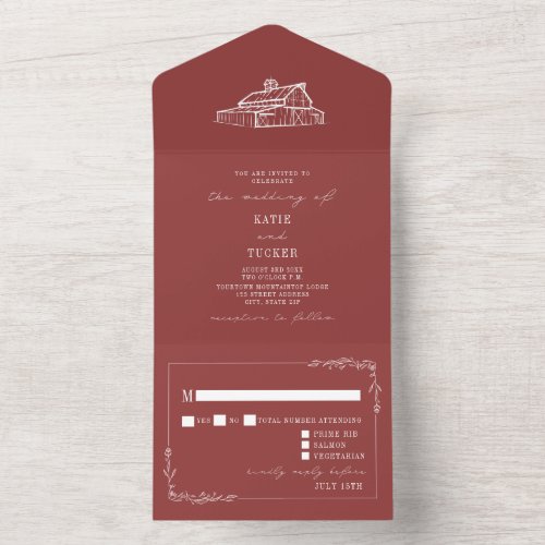 Barn Rustic Muted Red Farm Wedding RSVP All In One Invitation
